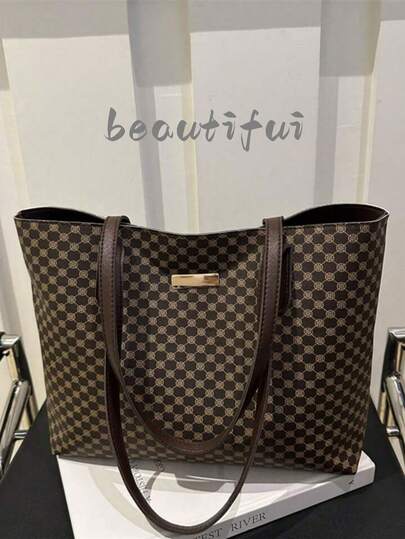 复古字母印花单肩手提包，大容量托特包，通勤必备腋下包，时尚大容量女士手提包，母亲节礼物