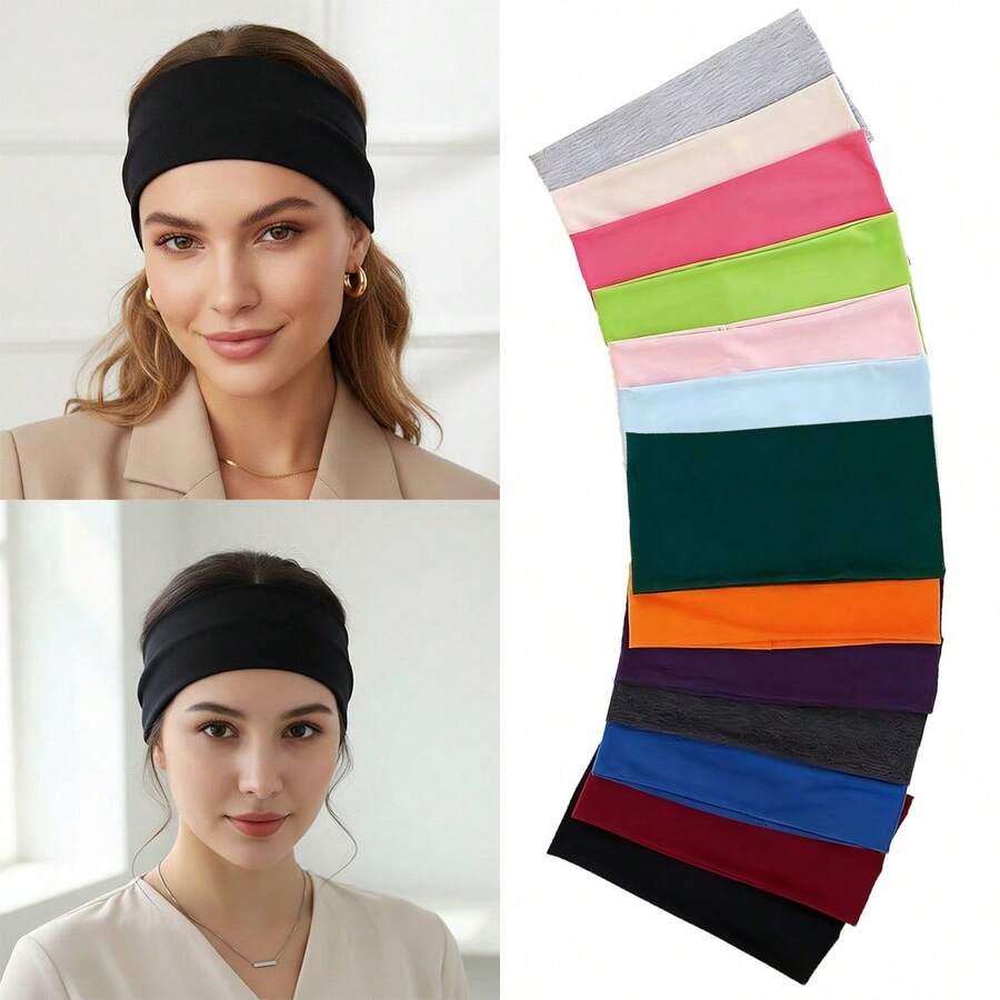 1条/13条装新款宽版女士9.45英寸头带，适合瑜伽、运动、骑行等多种场合，采用聚酯纤维材质，轻盈保暖透气，男女皆宜，春、夏、秋、冬四季皆可佩戴，是运动发带、跑步发饰、瑜伽头巾、运动吸汗带的理想之选。 - 彩色 - 查看 1