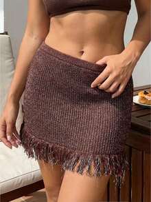 Women Y2k Fringe Knit Mini Skirts Boho Bodycon Low Waist Going Out Crochet Tassel Short Skirt - Màu nâu Sô-cô-la - Xem 1