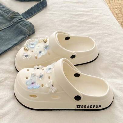 Summer New Versatile Casual Hollow Clogs, Women DIY Pearl Butterfly Comfortable Slip-On Sandals For Indoor & Outdoor, Wear-Resistant & Minimalist