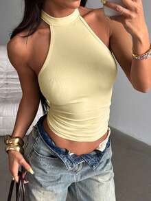 Onicee Women's Summer Sleeveless Backless Halter Neck Casual Tank Top, Yellow, Fashionable & Sexy, Suitable For Valentine's Day, Dates, Gatherings, Parties, Travel, Vacation, Beach And Other Occasions - Yellow - View 6