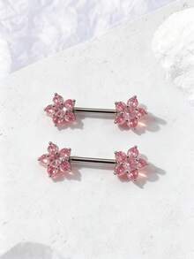 2pcs Sexy Pink Zirconia Heart, Butterfly, Flower Barbell Nipple Rings Stainless Steel Piercing Jewelry - Pink - View 8