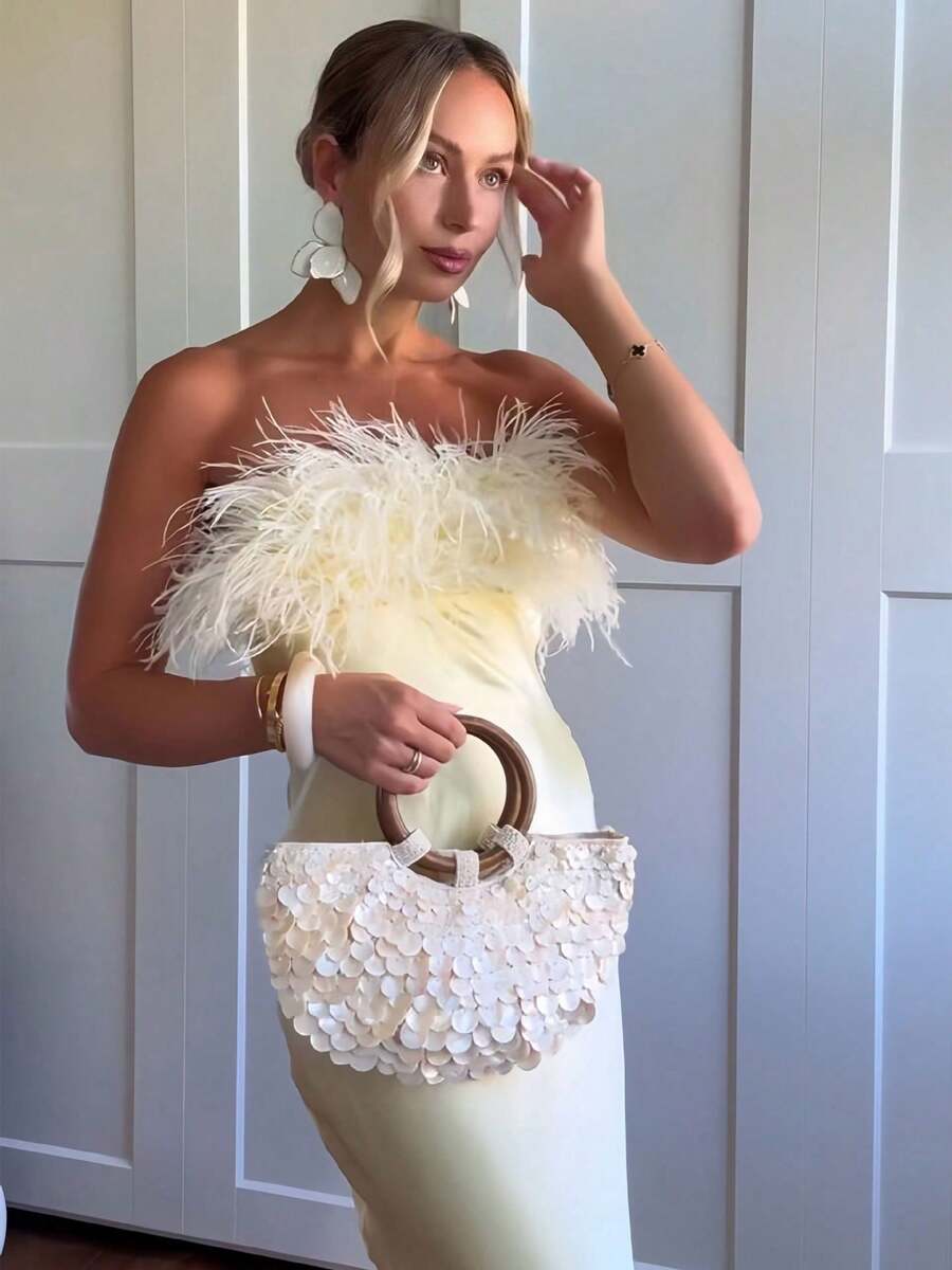 Elegant Strapless Satin Dress Women's Slim-Fit Maxi With Fluffy Feather Patchwork - Màu vàng - Xem 1