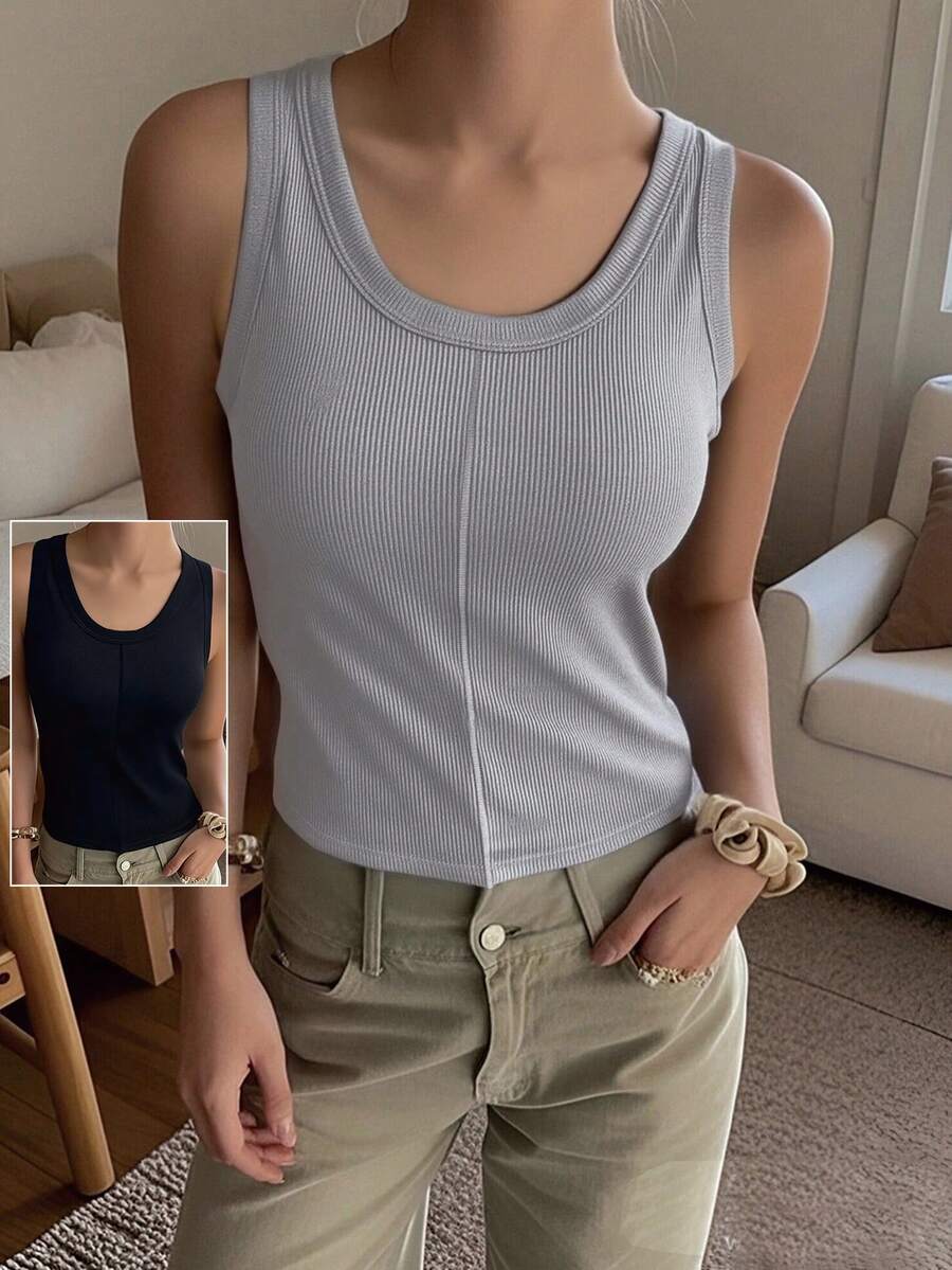 2件装女士新款无袖吊带背心，带衬垫文胸，露背运动打底衫 - 彩色 - 查看 1