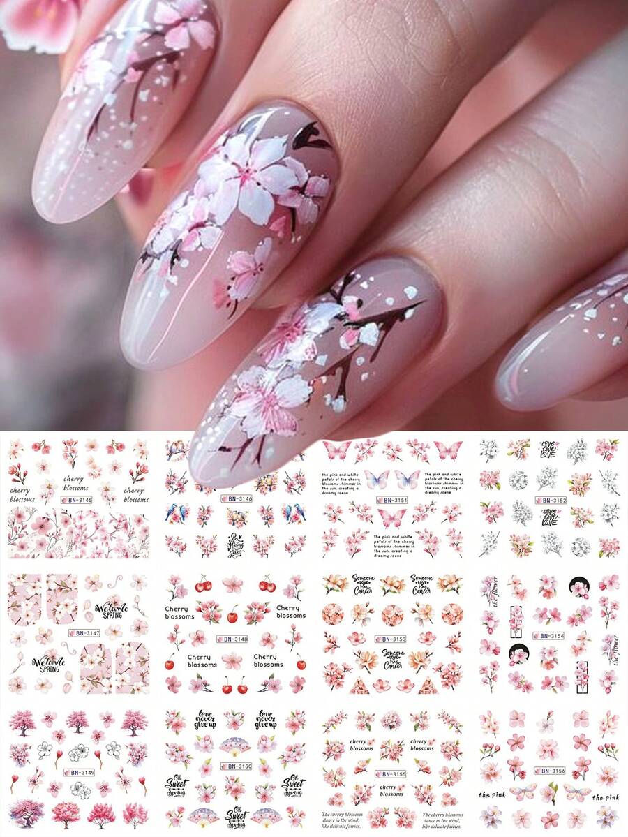 Pink Cherry Blossoms Nail Stickers 12 Designs/Sheet Sakura Butterfly Bird Cherry Flower Petals, Water Transfer, Floral Print, Decal Slider, Manicure DIY, Nail Art Decoration - Multicolor - View 1