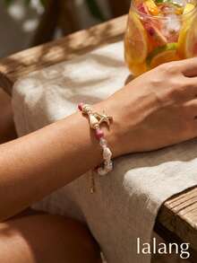 1件海星、贝壳、珍珠串珠手链，波西米亚风沙滩饰品，海星吊坠，贝壳，夏季配饰 - 粉色 - 查看 7