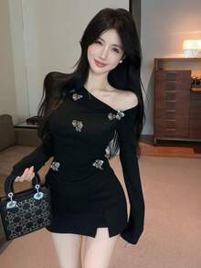 法式亮片花卉不对称肩部设计修身长袖衬衫，秋季 - 黑色 - 查看 1