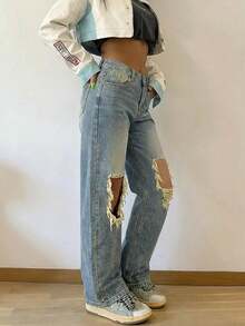 Women's Vintage Loose Stacked Straight Leg Jeans - Navy Blue - View 3