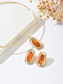 Set de 3 piezas de joyería bohemia vintage con colgante geométrico de resina, conjunto de collar y aretes minimalista elegante con degradado ovalado, adecuado para mujer en uso diario, citas, playa, vacaciones, fiestas, bodas - Marrón - Ver 4