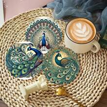 6pcs Peacock Wood Coasters - Non-Slip, Heat-Resistant, Suitable For Beverages And Coffee - Ideal For Gatherings, Office, Kitchen, Country Yard, New Home Decor - Holiday Gift, 6pcs/Set, 1800pcs/300sets - Multicolor - View 3