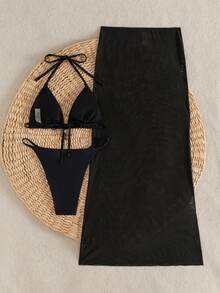 Set de 3 piezas Traje de baño elegante y sexy con espalda descubierta, adecuado para vacaciones en la playa en todas las estaciones - Negro - Ver 7