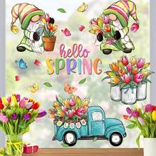Bộ 4 miếng dán cửa sổ hình chú lùn mùa xuân, hình dán tĩnh điện hoa tulip nhiều màu sắc tự làm, hình dán trang trí phong cách nhà nông thôn hình xe tải màu xanh lá cây và lon thiếc, thích hợp để trang trí cửa sổ phòng ngủ, phòng khách, ban công và tủ. - Nhiều màu - Xem 5