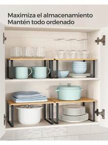 SONGMICS Organizadores de Cocina, Juego de 4 Estantes de Cocina, Apilables, Expandibles, Metal y Madera de Ingeniería, Negro y Natural MKCS10NB - Negro + Natural - Ver 4