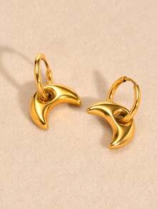 1 Pair Stainless Steel Waterproof Non-Fading Vintage Gold Moon Hoop Earrings, Suitable For Women's Daily Wear - Gold - View 5
