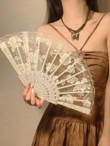 1pc Rose Pattern Lace Folding Fan, Vintage Black Lace Folding Fan With Tassel, Suitable For Retro Wedding, Festival And Party Decor, Home Cooling, Travel Accessories, Dance Decor, Vintage Home Decor - Multicolor - View 4