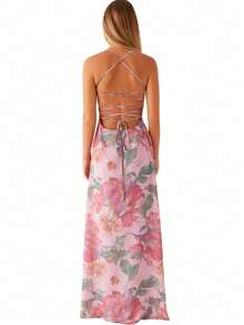 Women's Summer Boho Floral Print Cami Dress Bodycon Long Maxi Dress Spaghetti Straps Sleeveless Square Neck Self-Tie Lace Up Backless Cocktail Party Dresses Beach Dress - Màu tím  Violet - Xem 9