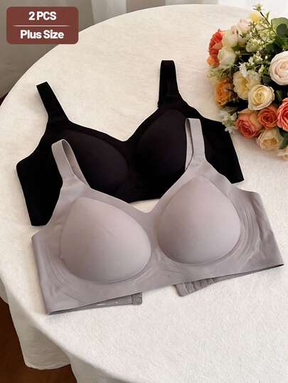 2pcs Plus Size Bra For Women, Solid Color, Simple And Fashionable, Comfortable, Anti-Sagging Bra