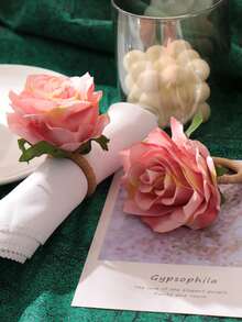 2-200pcs Artificial Rose Napkin Rings, Suitable For Table Decoration, Wedding, Family Dinner, Party, Christmas, Thanksgiving, Birthday - Pink - View 10