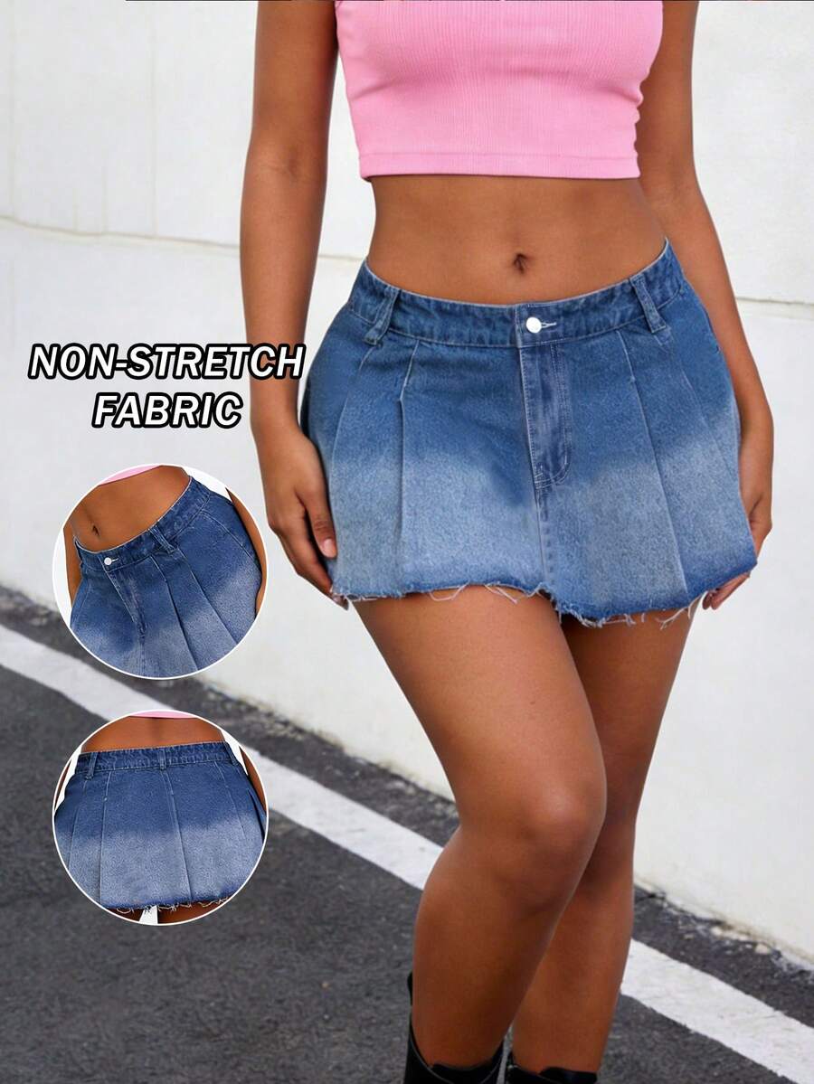 Women Loose Pleated Jean Skirt Blue Washed Denim Mini Skirt Y2K Vintage Streetwear Pleated Short,2026 Summer - Blue - View 1