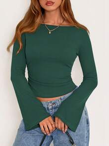 Fall New Arrival Women's Long-Sleeve Top Crop-Top Style Casual Outerwear Boat Neck With Bell Sleeves Ribbed Pleated Design Millennial-Inspired Fashion - 墨綠色 - 查看 1