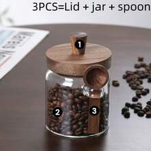 3件套透明玻璃罐，配木盖和勺子，家用储物罐，可存放咖啡豆、干果、零食等，玻璃木材质，装饰性厨房收纳风格，透明罐身，食品储物罐，可存放茶叶、坚果、糖、盐等，实用，适合放在食品储藏室台面上。 - 彩色 - 查看 11