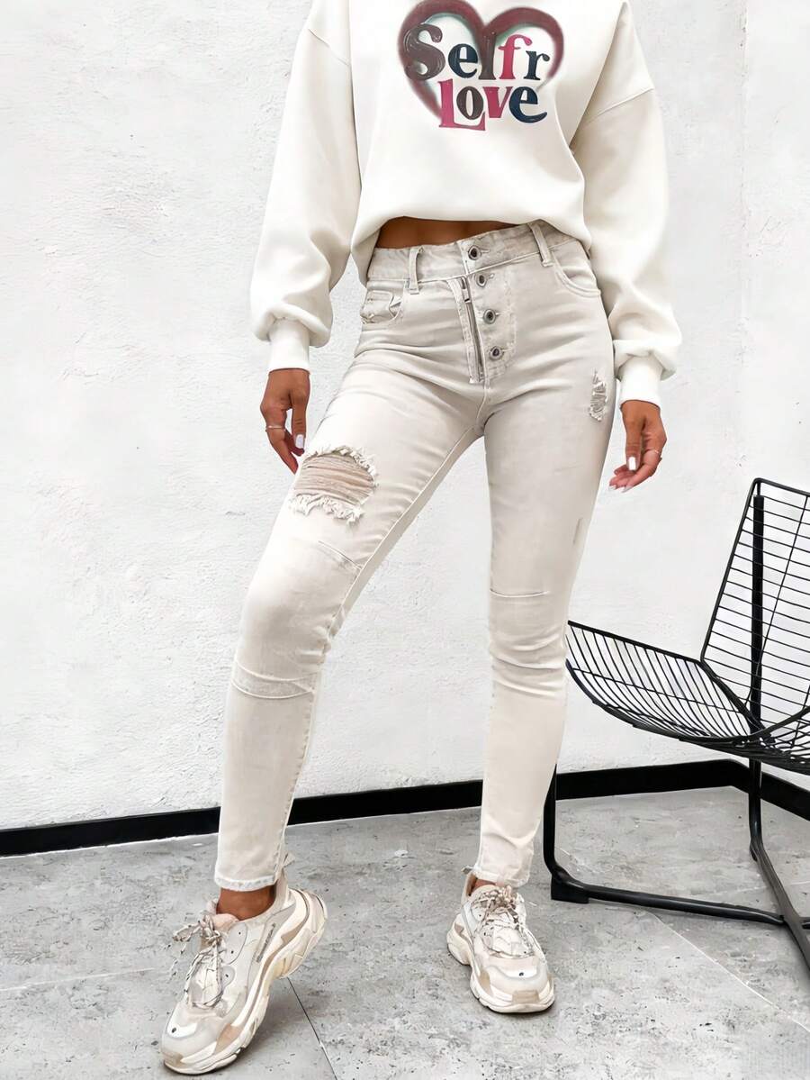 Quần nữ vải màu quần jean nam có nút khóa kéo túi mặc hàng ngày quần jean nữ Momfit - Màu be rách - Xem 1