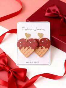 1 Pair Acrylic Painted Heart Chocolate Ice Cream Earrings, Cute & Sweet Earrings For Valentine's Day - one-size - View 1