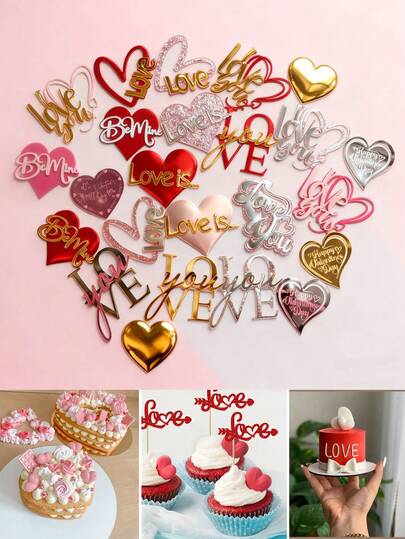 12/8/4件套心形蛋糕装饰，红色LOVE字样蛋糕装饰，甜蜜蛋糕装饰，周年纪念蛋糕装饰，浪漫纸杯蛋糕装饰，适用于主题派对、甜蜜场景、纸杯蛋糕装饰、周年纪念、婚礼、情人节