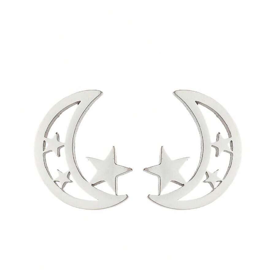 1 Pair ‌ Retro Star And Moon Earrings, Gold ‌ With ‌ Hollowed-Out Design ‌, Crescent Moon, Crescent Five-Pointed Star, Simple Style, Suitable For Daily Wear - GED304 - View 1
