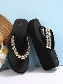 New Summer Women Beach Slippers, Simple Flip Flops, Casual Fashion Classic Thick Sole Mid-High Heel Sandals - Black - View 3