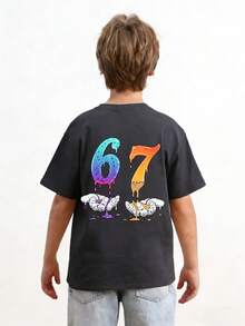 Tween Boy Fashionable Colorful Number 67 Graphic Print T-Shirt, Summer Top For Boys - Dark Grey - View 2