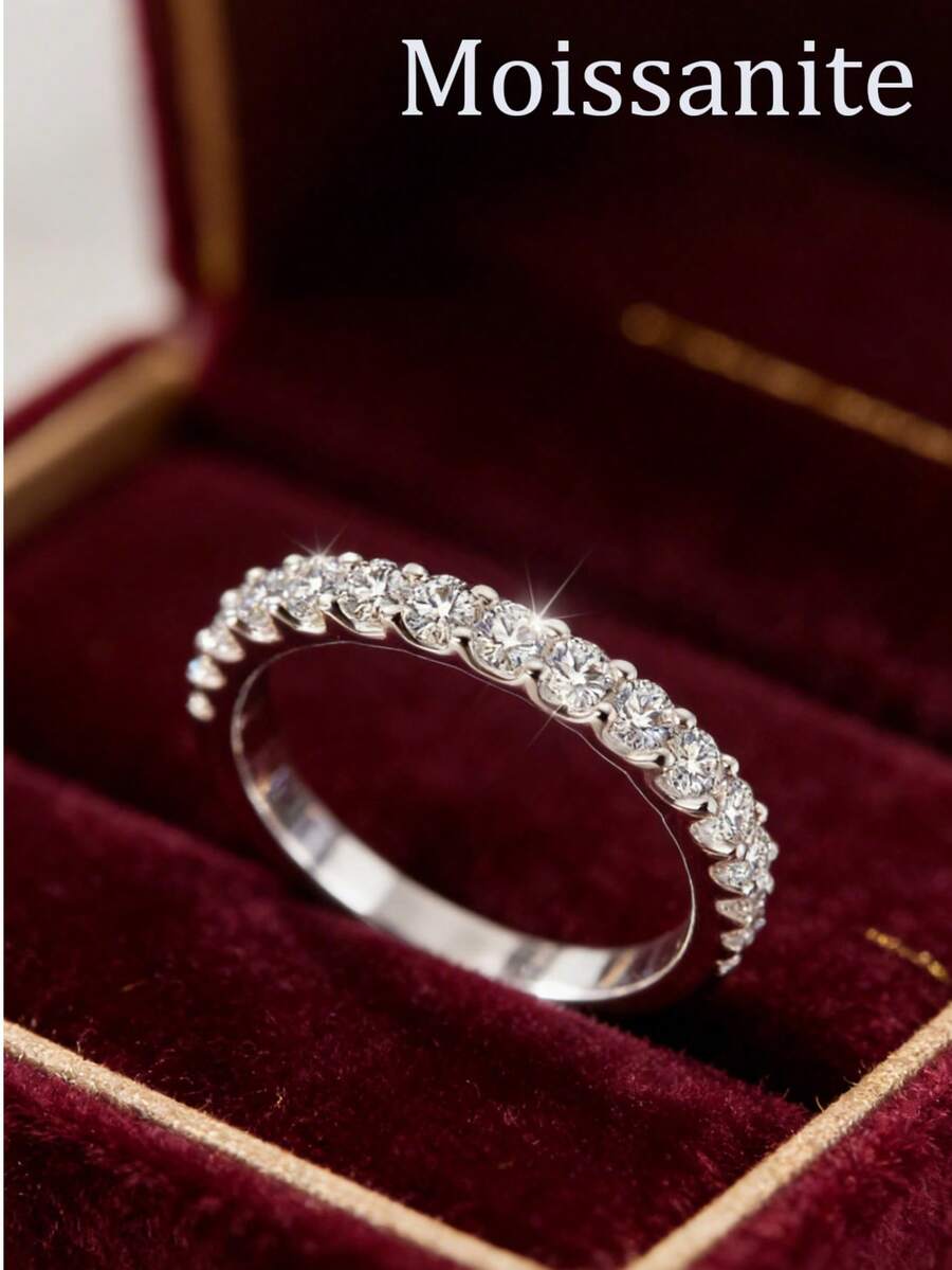 1 Piece Original 925 Sterling Silver Luxe 0.063ct*24 Pieces Moissanite Eternity Ring Dazzling Continuous Stones In Premium Sterling Silver, Meticulously Crafted For Timeless Glamour. It Exudes Opulence-Perfect For Gifting Or Treating Yourself. Water-Resistant, Tarnish-Resistant, And Bursting With Fire A Showstopping Accessory That Blends Sophistication & Everyday Wearability - Silver - View 1