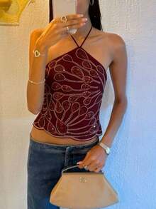 Women's Y2k Beaded Sequin Halter Tank Tops Sleeveless Back Tie Up Slim Fitted Backless Crop Vest Going Out Streetwear Party Concert Tops Clubwear - Màu Đỏ Sâu - Xem 4