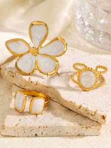 3pcs 18K Gold Plated Stainless Steel Elegant Geometric Flower Enamel White Ring Set, Versatile For Women Daily, Festival, Party, Date Wear - Multicolor - View 3