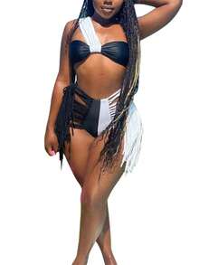 Women's Sexy Contrast Color Bikini, Sleeveless Off-shoulder Tops Briefs Swimsuit, Classic Tassel Decoration Two-pieces Set - Blanco - Ver 5