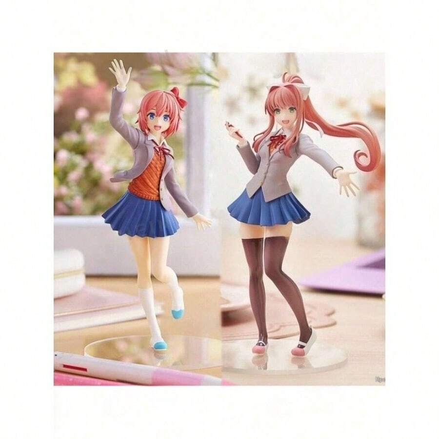 心跳文学俱乐部！动漫人物手办，可爱少女桌面摆件，约18厘米高，莫妮卡、沙优里、夏树、优里手办，动漫桌面摆件，心跳文学俱乐部手办，心跳文学俱乐部周边（透明或白色底座随机）