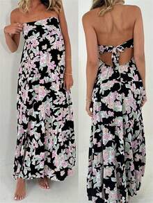 Women Casual Strapless Dress Summer Floral Print Tie Up Backless Long A-Line Dress For Cocktail Party Beach Streetwear - màu đen - Xem 4