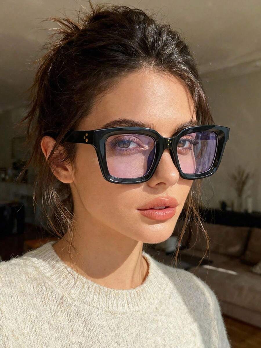 1 pieza Montura de gafas de estilo callejero con remaches y lentes transparentes, al estilo europeo y americano, gafas de negocios para comercio transfronterizo - Multicolor - Ver 1
