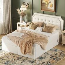 Cama tapizada de 140x200 cm con cajón de almacenaje y somier de láminas metálicas, moderna cama doble de PU con función de almacenaje, adecuada para dormitorios, habitaciones juveniles, apartamentos, sin colchón. - Blanco - Ver 2
