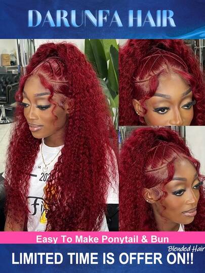 34 Inch 13x4 Lace Front Wigs Blended Human Hair Pre Plucked 200 Density Brazilian Wet And Wavy Human Hair Wigs For Black Women Glueless Curly Lace Frontal Wig #Burgundy 99J Color