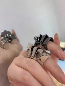 朋克摇滚情侣盔甲戒指，多层可调节开口土星形戒指 - 銀色 - 查看 2
