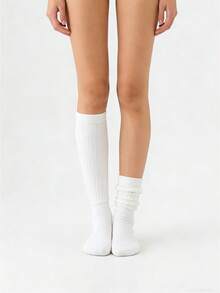 1 Pair White Slouchy Socks, Unisex Mid-Calf Warm Socks For Autumn/Winter - White - View 2