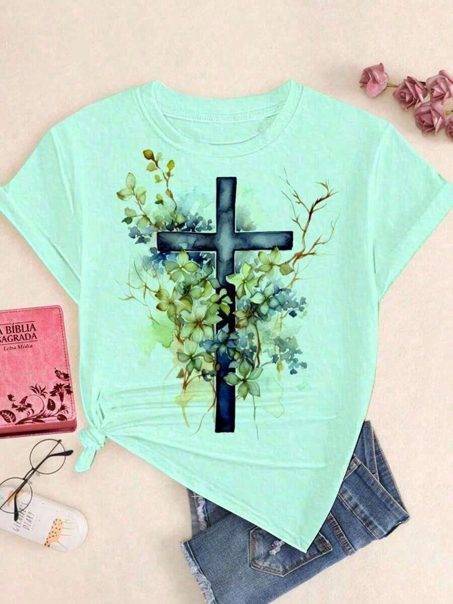 Women's T-Shirt With Cross Roots, Jesus Christ, Christian, Delicate Gospel Style, Religious T-Shirt, Plus Size. - Mint Green - View 1