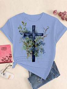 blusa camiseta feminina cruz raízes Jesus Cristo cristã, gospel delicada, t shirt religiosa plus size - Azul - Visão 3