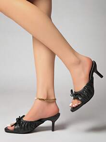 Mesh Thick Heel French Bow Strap Sandals, New Fairy Style Suitable For Dresses, Open Toe Slides - Black - View 4