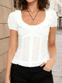 Women T-Shirt, Crew Neck Short Sleeve Ruffled Hollowed Summer Tops For Casual Daily - 白色 - 查看 3
