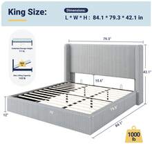 Allewie Full/Queen/King Size Lift-Up Storage Bed Frame With Modern Wingback Headboard, Corduroy Upholstered Platform Bed, Hydraulic Gas Lift Support, Underbed Storage, Wooden Slats, No Box Spring Needed, Grey - 灰色 - 查看 11