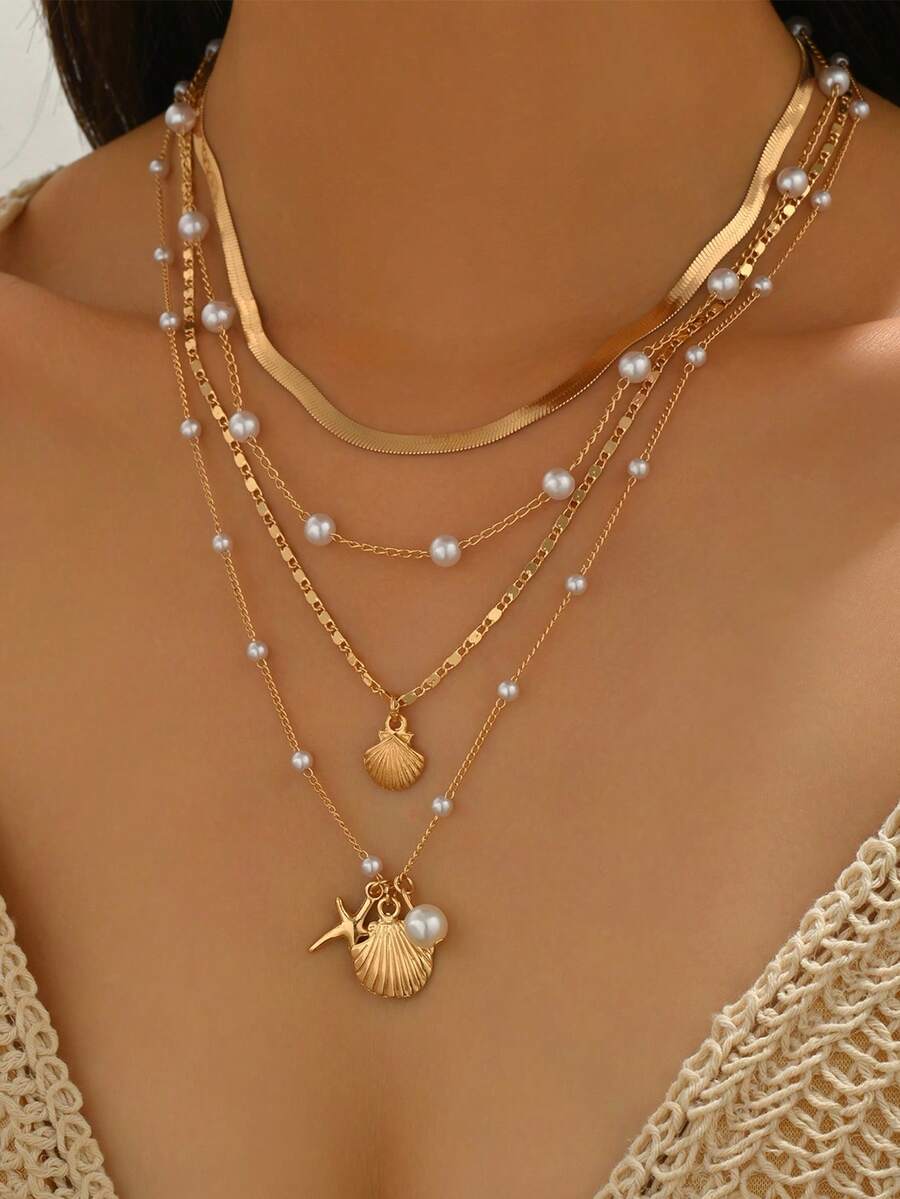 4pcs/Set Fashionable Elegant Metal Chain Faux Pearl Layered Necklace With Shell & Starfish Pendant, Versatile Jewelry For Daily Wear And Music Festival Party, Chain Length Adjustable - Gold - View 1