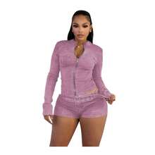 Women's Two-Piece Set, Fashionable And Elegant Temperament, Sexy Spice Girl Style, Long-Sleeved Crew Neck Zipper Denim Top, Elastic Shorts, Denim Suit. - 粉色 - 查看 3