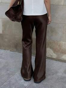 Women's Spring Summer Satin Pants High Waist Solid Color Loose Wide Leg Trousers - Brown - View 2